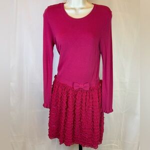 RED Valentino Long Sleeve Knit Dress in FUSCHIA with bow and novelty ruffles